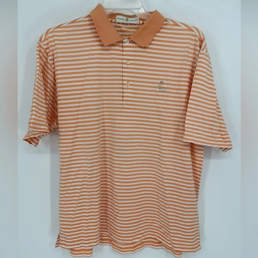 Fairway & Greene Golf Polo Shirt Men's L Peach White Striped‎ Champions Retreat
